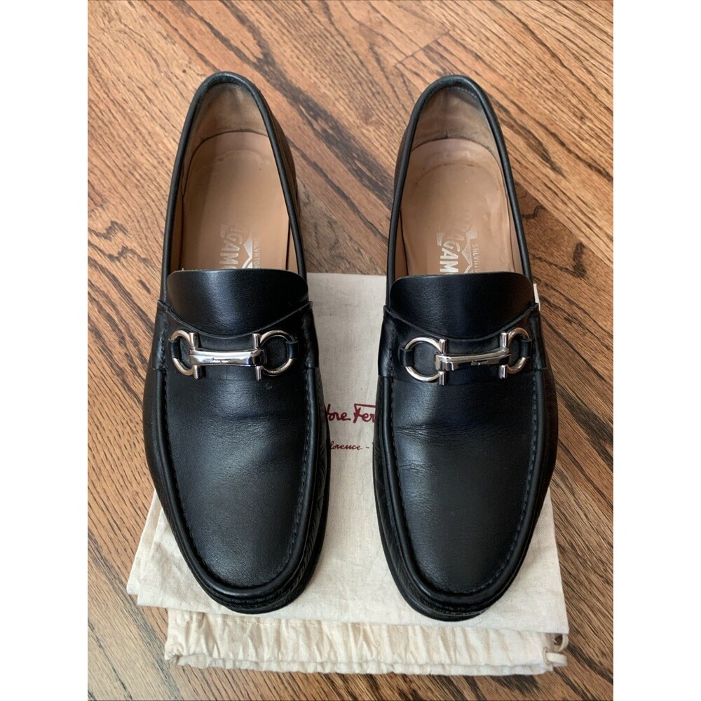 FERRAGAMO HORSEBIT MENS LOAFERS BLACK 8 EE MADE IN ITALY